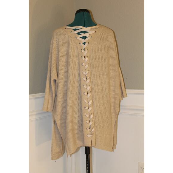 Democracy Open Front Cardigan Tan Knit Lace-Up Back Pockets Elbow Sleeve Women M - Picture 2 of 3
